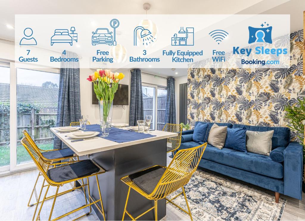 a living room with a blue couch and yellow chairs at Stylish Free Parking Spacious Leisure Contractor in Walsgrave on Sowe