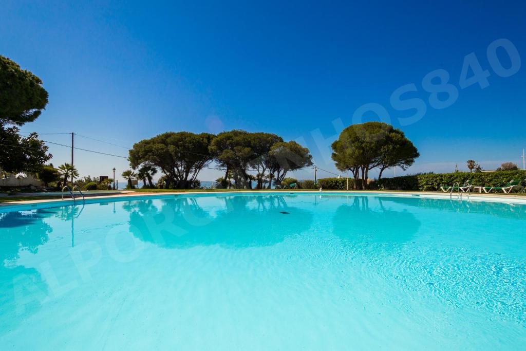 uma grande piscina azul com árvores ao fundo em Alporchinos 840 em Armação de Pêra