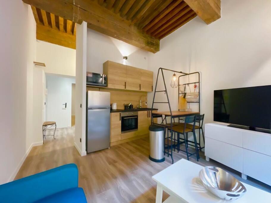 ein Wohnzimmer mit Küche und Esszimmer in der Unterkunft Petit Marin Hyper centre in Lyon