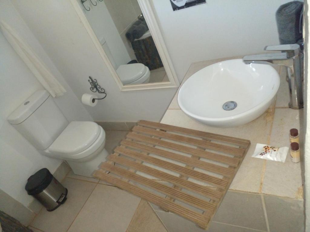 a bathroom with a toilet and a sink at HLULALA GUEST HOUSE in Hluhluwe