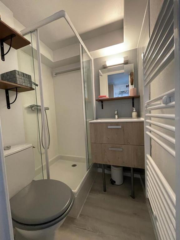 Un baño con ducha, inodoro y lavabo. en APPARTEMENT VUE PORT CROUESTY, en Arzon