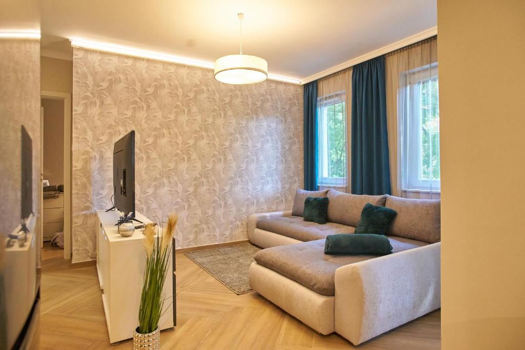 - un salon avec un canapé et une télévision dans l'établissement Sunlight Silver Plus Szeged - Exclusive, à Szeged