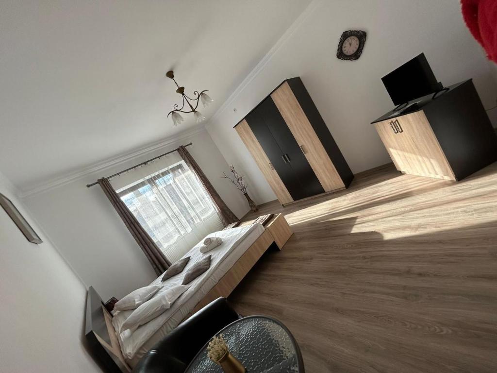 een kamer met een bed en een raam erin bij Vila Lion in Sebeş