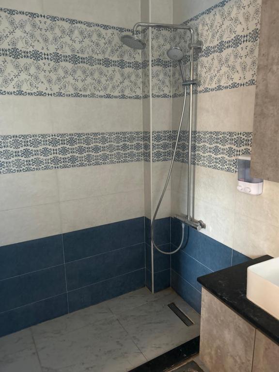 ein Bad mit einer Dusche mit blauen und weißen Fliesen in der Unterkunft Villa 141 in Sheikh Zayed