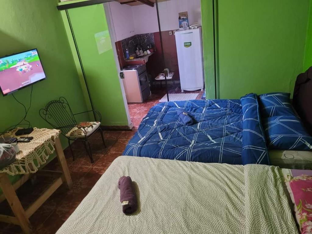 Un dormitorio con una cama azul y una pared verde en Apartamento Monoambiente a 15 min del Aeropuerto zona Shopping Mariano, en Colonia Mariano Roque Alonso