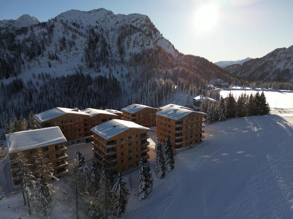 黑馬戈爾的住宿－Wohnfühl-Apartment "Bergkristall 08" im Almresort Sonnenalpe Nassfeld，雪地中度假村的空中景观