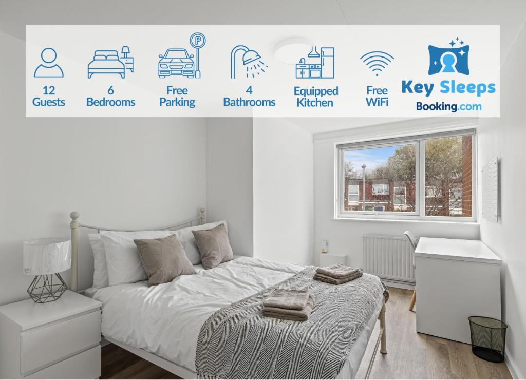 En eller flere senge i et værelse på 20% OFF Spacious 6 Bed Large Home w/ Free Parking