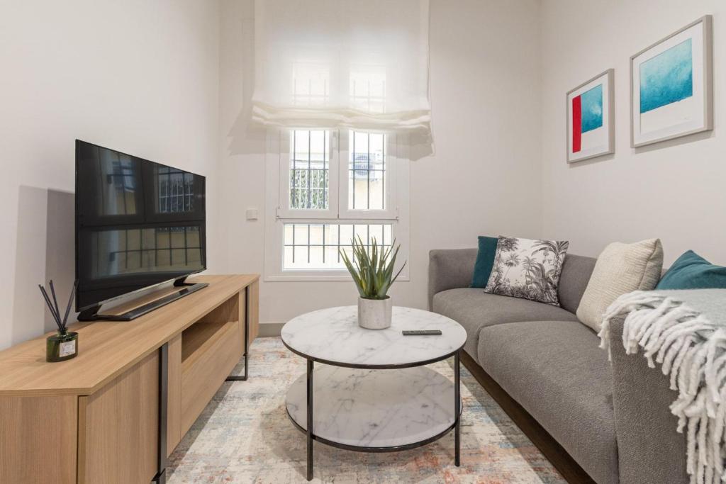 a living room with a couch and a tv at Apartamento para 2 en Chamberi Quevedo IV in Madrid