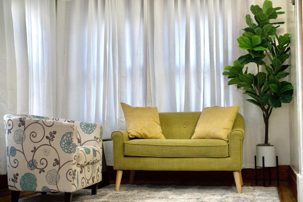 una sala de estar con un sofá verde y una planta en Cozy Getaway by Highway - 10 Minutes to Downtown Buffalo!, en Buffalo