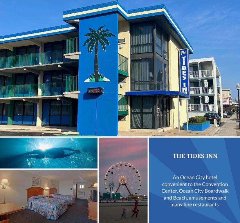 un collage de trois photos d'un hôtel dans l'établissement Tides Inn, à Ocean City