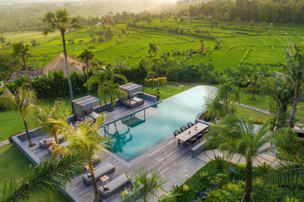 einen Luftblick auf einen Pool mit Palmen des Resorts in der Unterkunft East Bali Volcano View Resort & Spa - Adults Only Area in Karangasem
