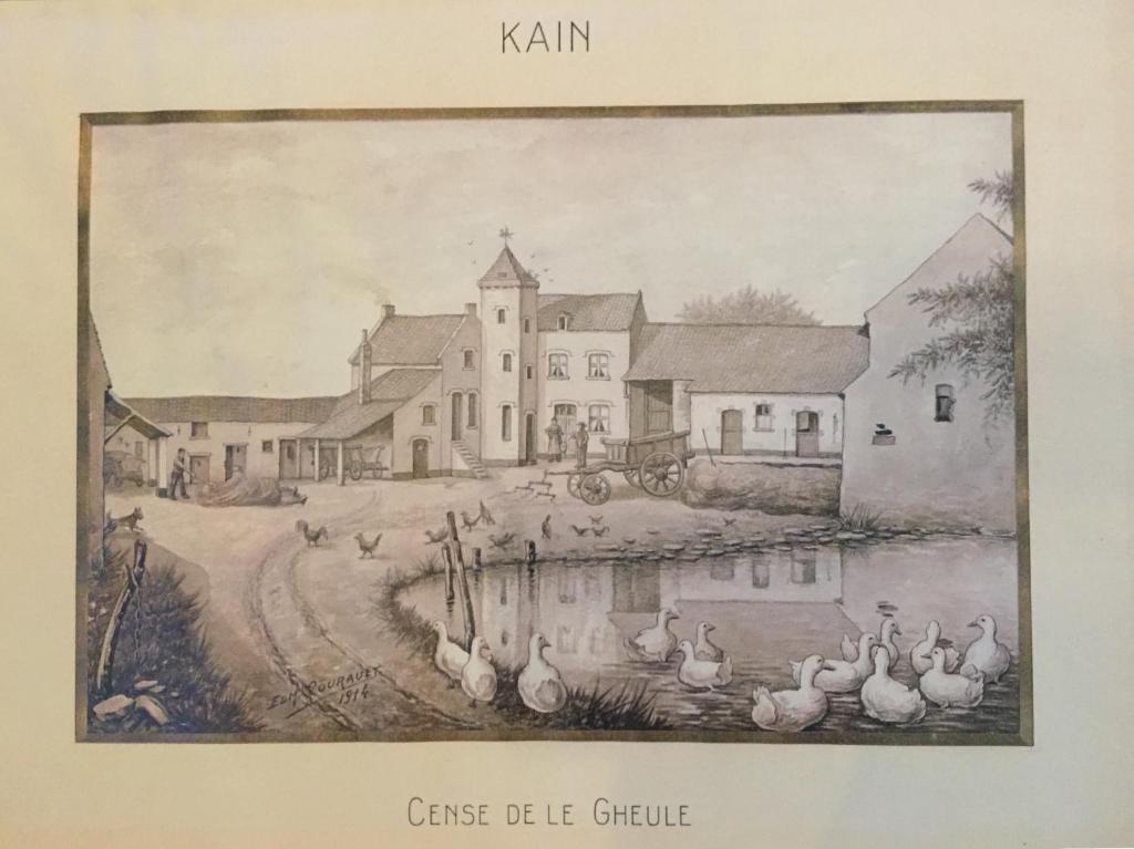 a drawing of a house with ducks in a pond at Ferme Delgueule in Tournai