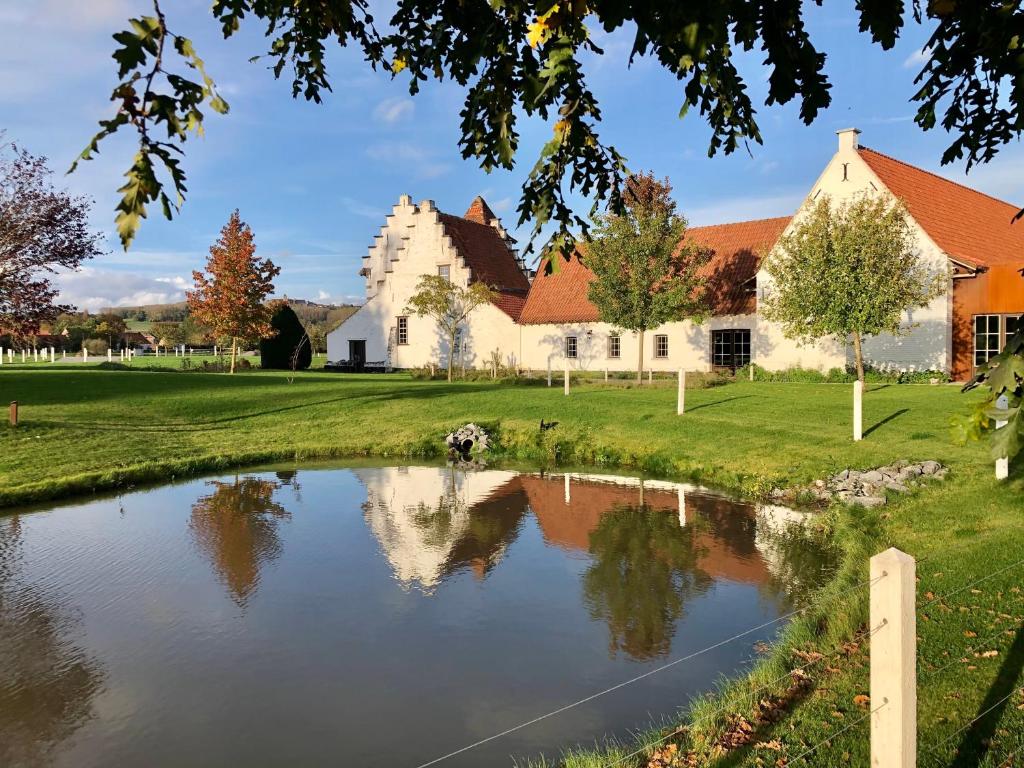 a house and a pond in front of a church at Ferme Delgueule in Tournai