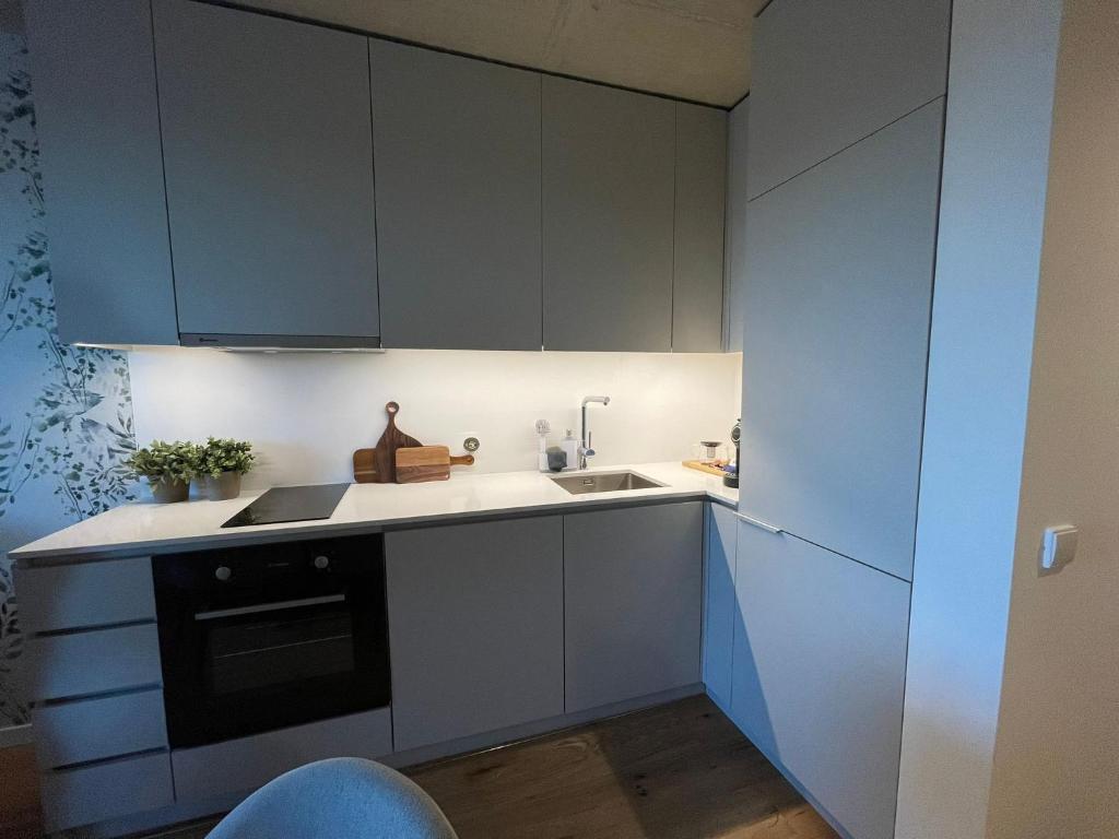 a kitchen with white cabinets and a sink at Magnólia 75 in Leça da Palmeira