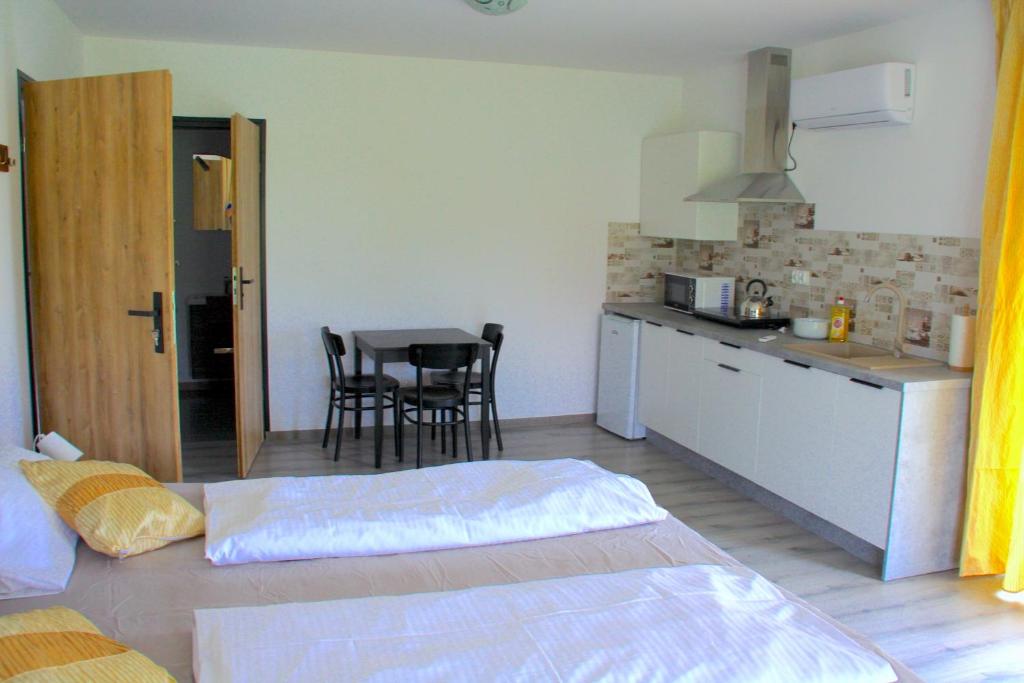 Kuchyň nebo kuchyňský kout v ubytování Apartamenty Kwiat Jabłoni