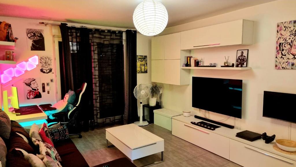 uma sala de estar com um sofá e uma televisão em Appartement deluxe ac 1 chambre proche Paris Disney 20min rerA ou A4 em Noisy-le-Grand