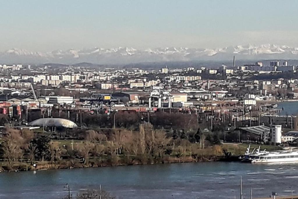 a view of a city with a river and a boat at T4/5 avec vue sur les Alpes à 5 minutes de Lyon in La Mulatière