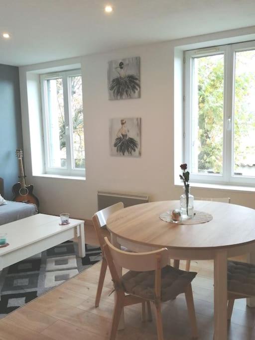 un salon avec une table, des chaises et des fenêtres dans l'établissement Appartement ZEN ET COSY, à Estrablin