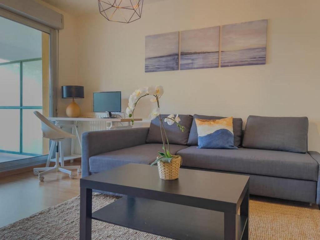 un salon avec un canapé et une table dans l'établissement Appartement - Jardin Japonais, à Toulouse