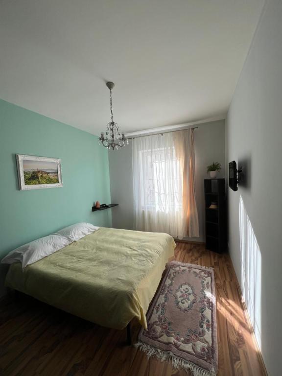 1 dormitorio con cama, ventana y alfombra en Ovidius apartament, en Cisnădie