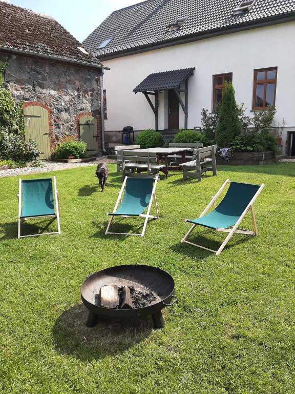 a group of chairs and a fire pit in a yard at Farma Jamienko in Jamienko