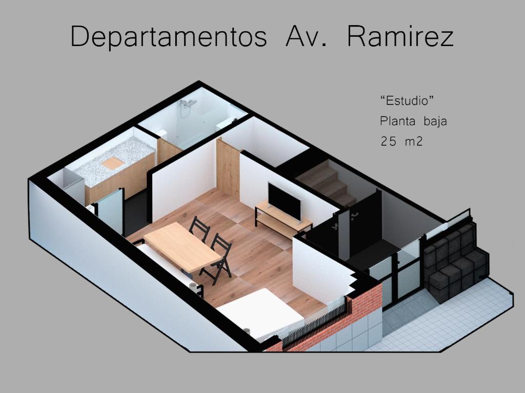 aometrisch diagram van een kamer met een tafel en stoelen bij Departamentos Av. Ramírez in Paraná