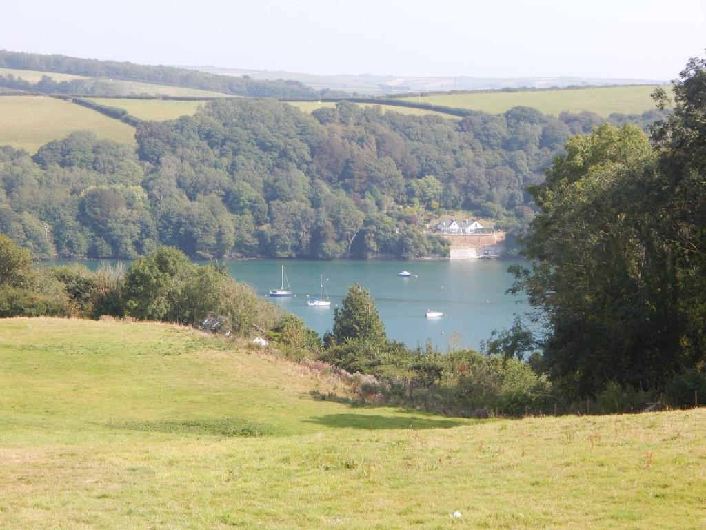 a view of a lake with boats in the water at Church Meadow in Golant