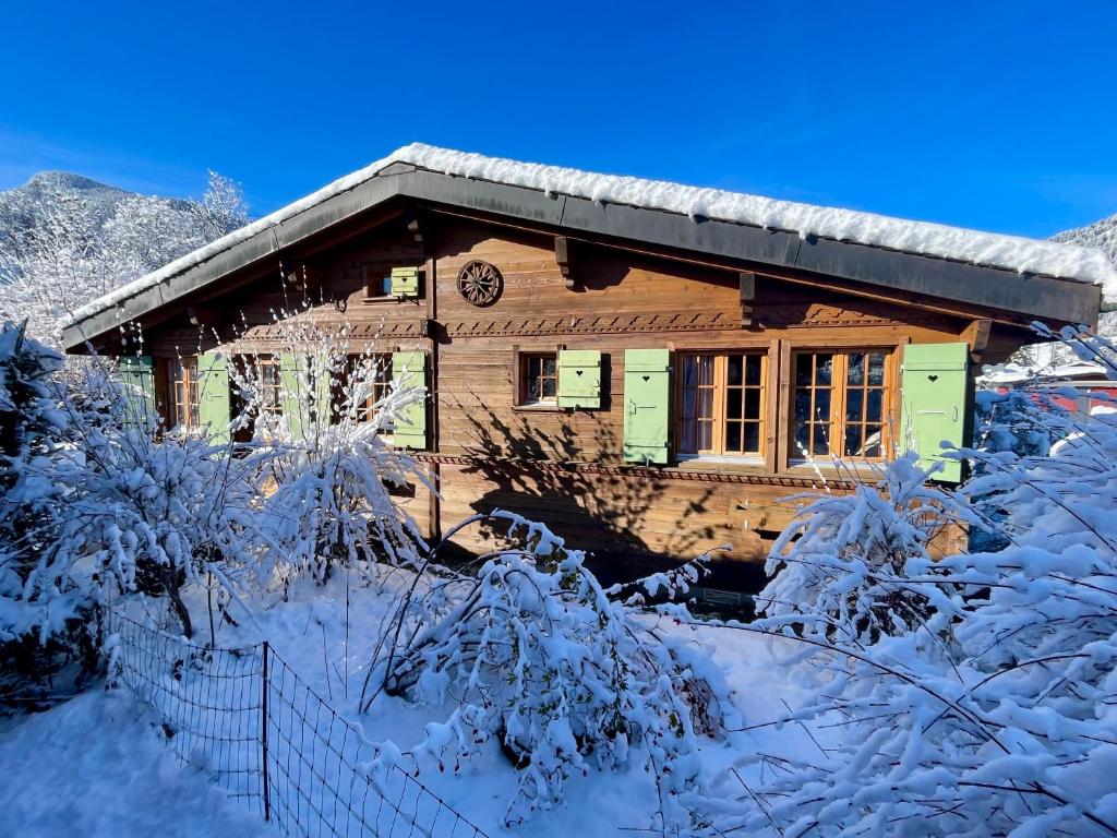 una casa cubierta de nieve con una valla delante en Gstaad Chalet en Gstaad
