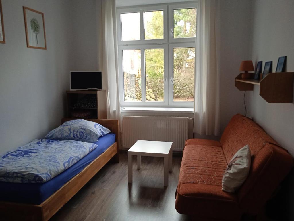 a bedroom with a bed and a couch and a window at Mladé Buky 261 in Mladé Buky