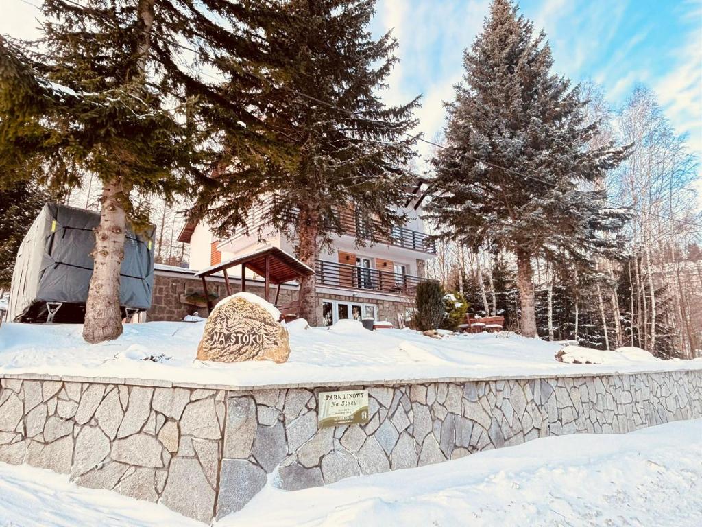 シフィエラドゥフ・ズドルイにあるNa Stokuの雪の中の石垣と木々、そして建物