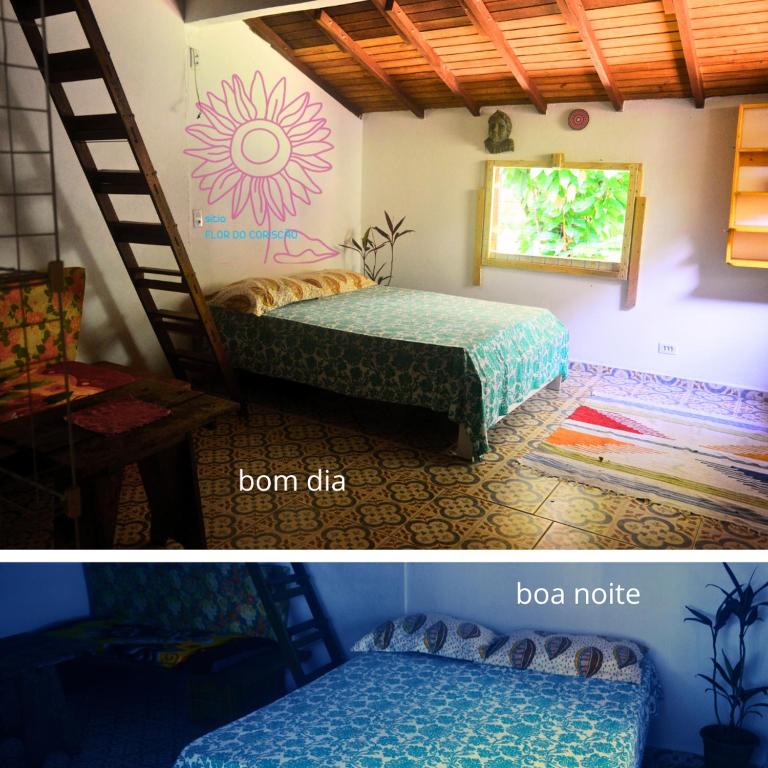 1 dormitorio con 2 camas y 1 dormitorio con litera y escalera en Sitio Flor do Coriscao en Parati