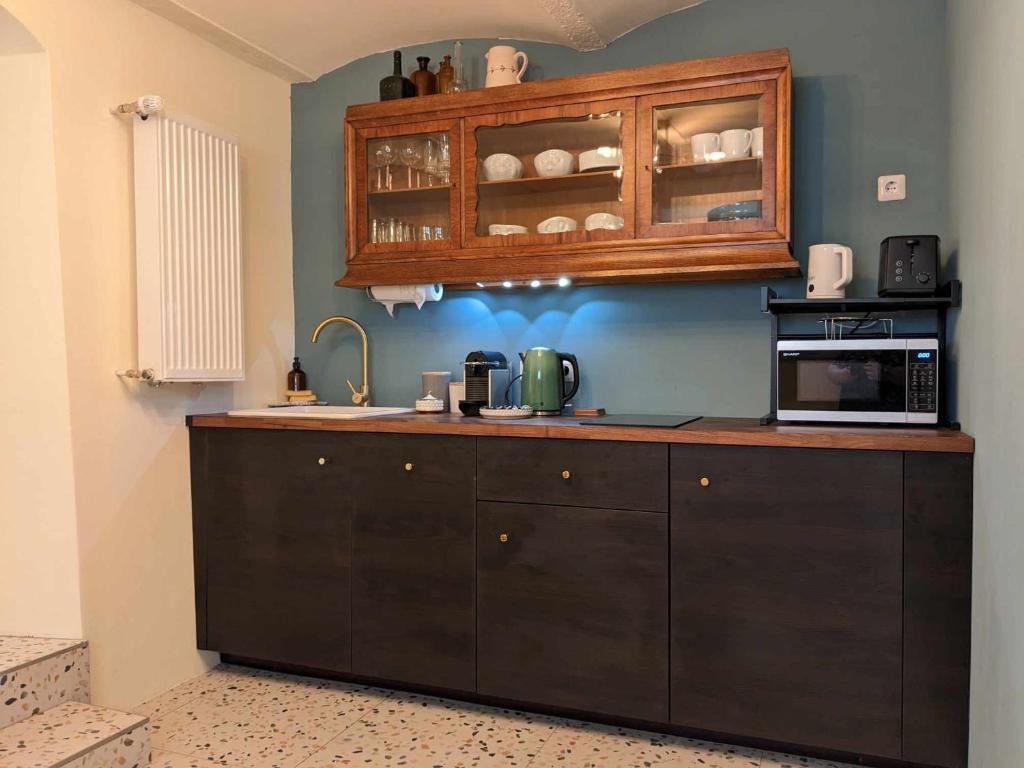 a kitchen with a counter with a microwave and a sink at POLKA in Schwarzenbach an der Saale
