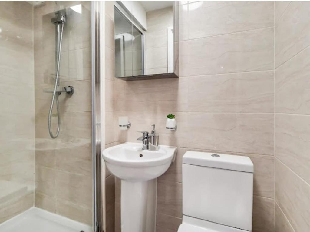 La salle de bains est pourvue de toilettes, d'un lavabo et d'une douche. dans l'établissement flat 7 mornington crescent, à Londres