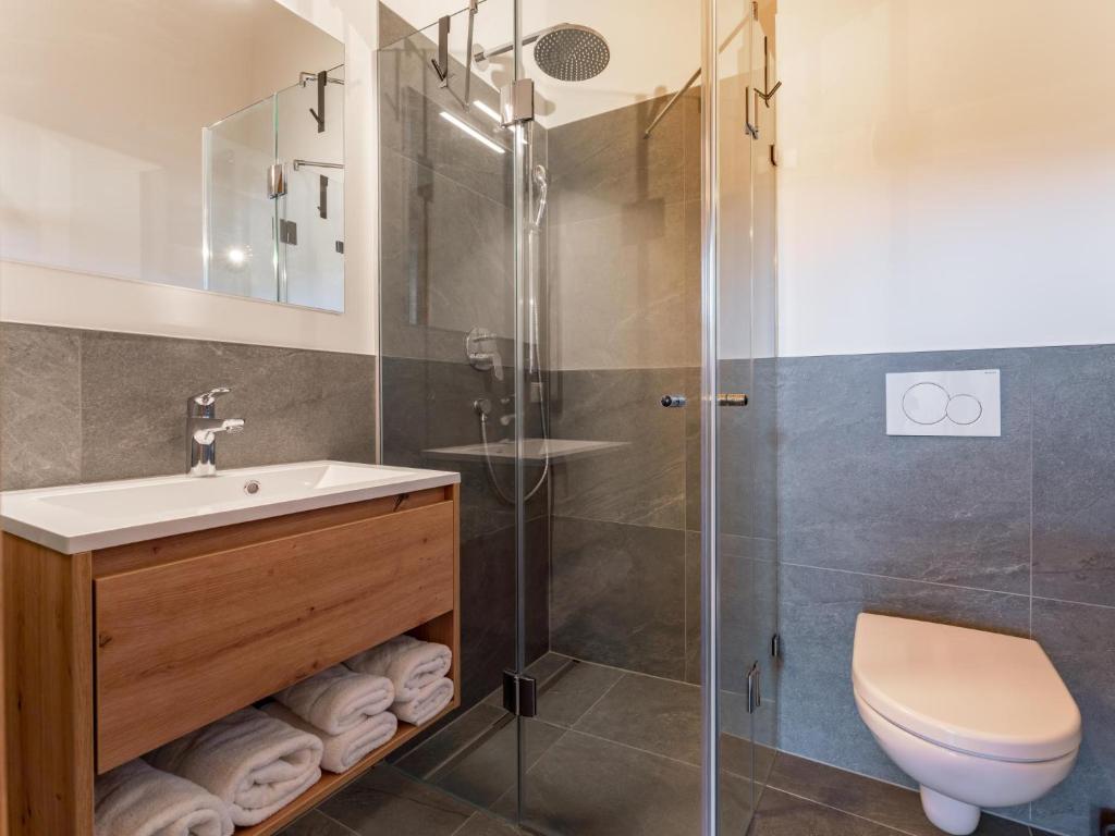 a bathroom with a shower and a sink and a toilet at Grebenzen Lodge Prinz in Sankt Lambrecht