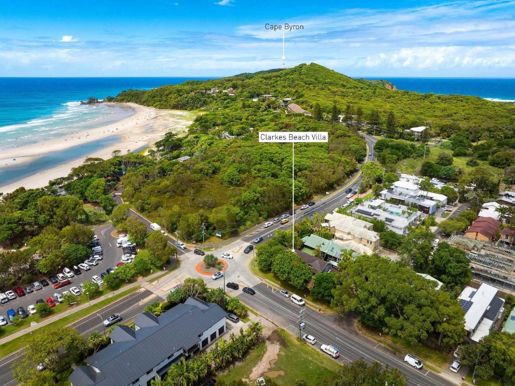 an aerial view of a town with a beach at A Perfect Stay - Clarkes Beach Villa in Byron Bay