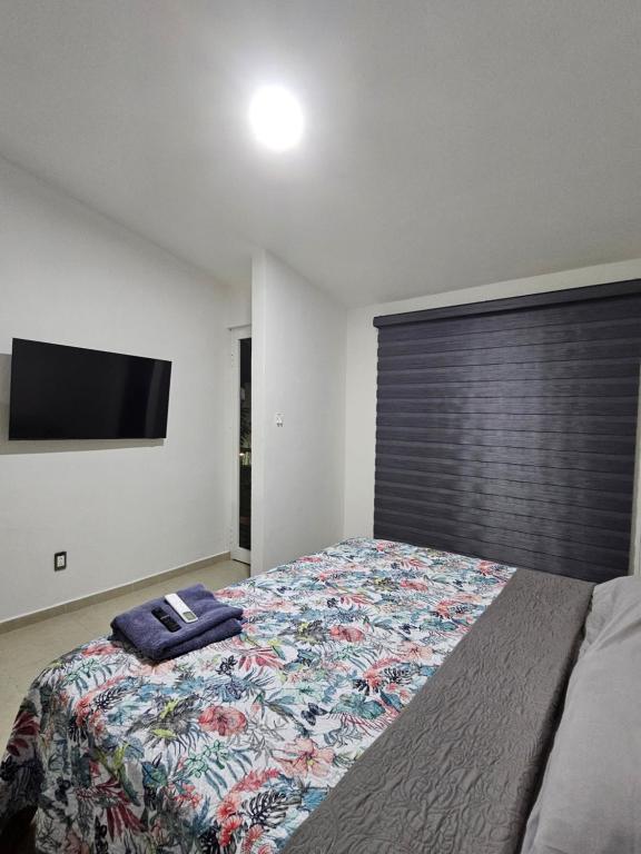een slaapkamer met een groot bed en een televisie aan de muur bij casa con hermosa vista al lago de tequesquitengo in Tequesquitengo