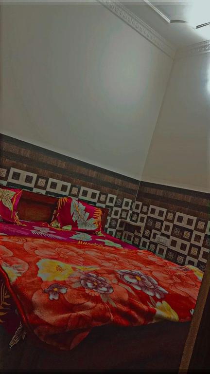 Un dormitorio con una cama roja con una pintura. en Hotel Krishna palace, en Kota