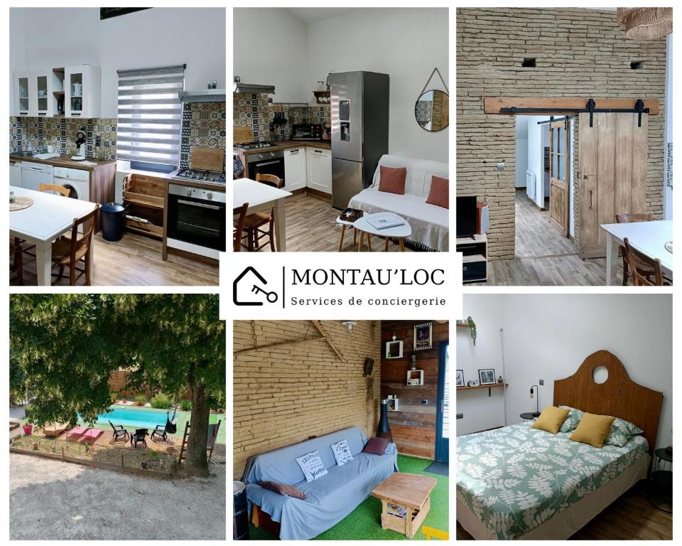 a collage of pictures of a kitchen and a living room at L'Oustal in Montech
