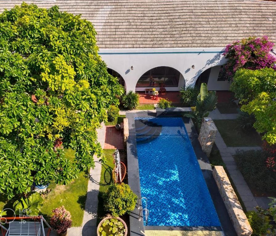 an overhead view of a swimming pool in a garden at Tropical Homestay Phu Yen in Tuy Hoa