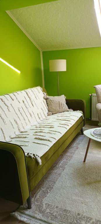 皮羅特的住宿－Apartman Gaga，绿色卧室,配有一张带绿色墙壁的床
