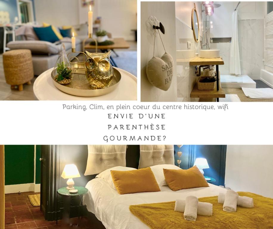un collage de dos fotos de una habitación con cama en La parenthèse gourmande avec clim et parking, en Montauban