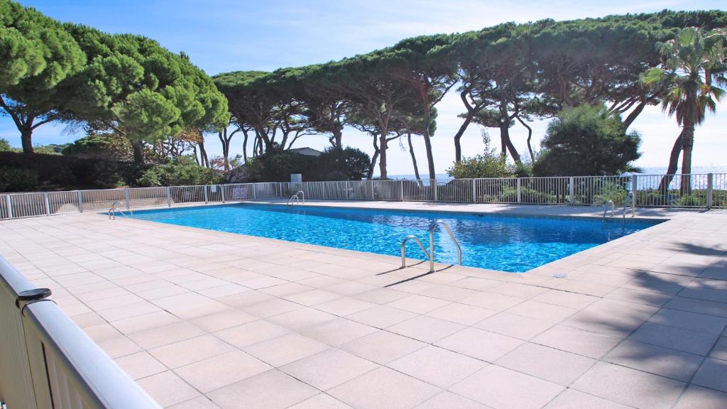 une grande piscine avec des arbres en arrière-plan dans l'établissement Clos de la Madrague, à Sainte-Maxime