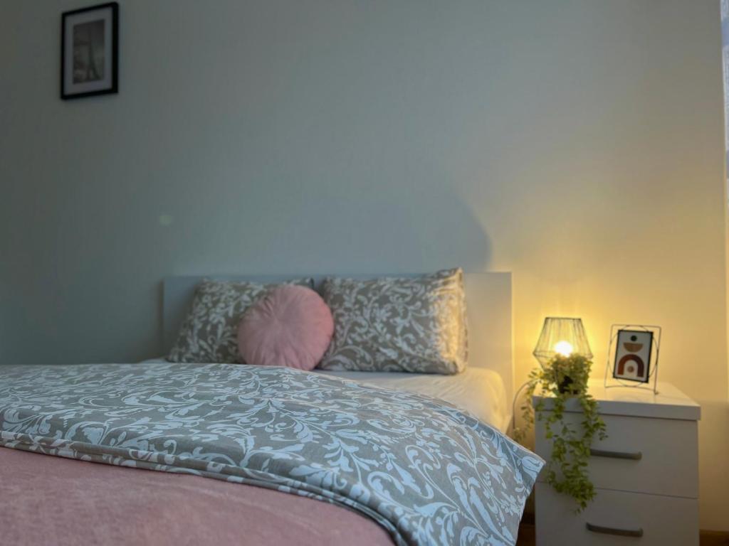 una camera da letto con un letto con un cuscino rosa e un comodino di Parkcity Bogucice Karoliny a Katowice