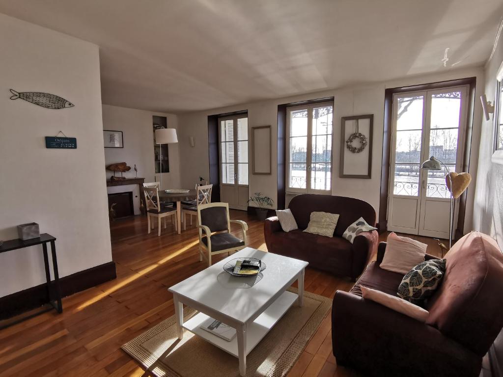 una sala de estar con un sofá y una mesa en Appart Gîte Les Oiseaux- face Loire Quai du Châtelet, en Orléans