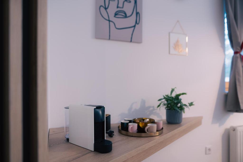 Příslušenství pro přípravu čaje a kávy v ubytování Peak Haven apartments, Pohorje