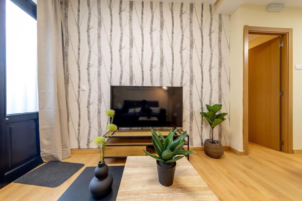 una sala de estar con chimenea y algunas macetas en Exclusive & cozy apartment in the center of Soria, en Soria