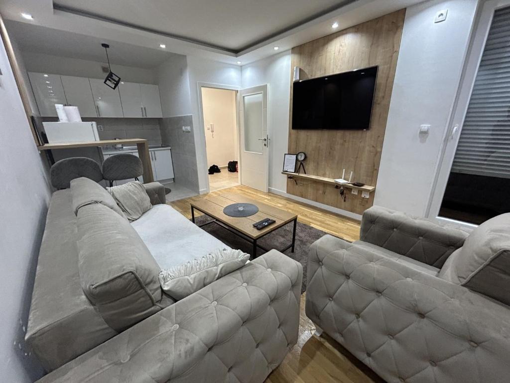 a living room with a couch and a flat screen tv at Apartment Sun & Moon in Sarajevo