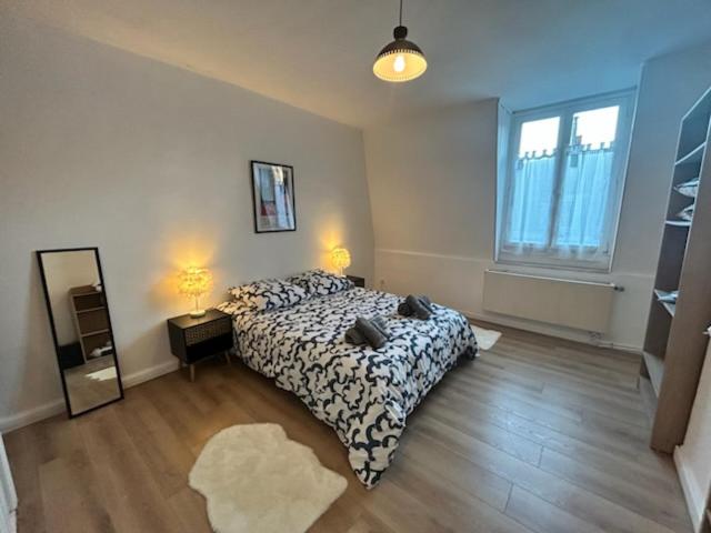 - une chambre avec un lit et un miroir dans l'établissement Maison Lille à 50m du métro, à Lille