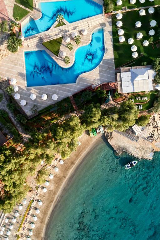 an overhead view of the resort and the ocean at Candia Park Village in Agios Nikolaos