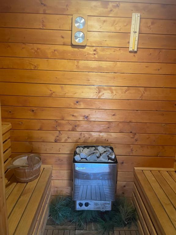 a sauna with a stove in a wooden wall at Alexandar studio apartman in Mokra Gora